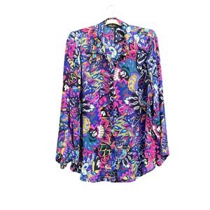 Melissa Paige Blouse Womens 2X Multicolor Paisley Plus Size Roll Tab Sleeves